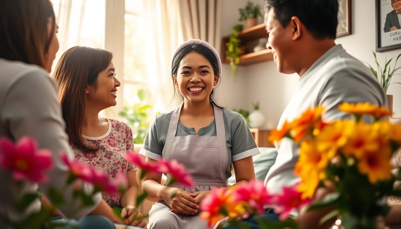 Indonesian maid interacting joyfully with a family in a bright home setting.