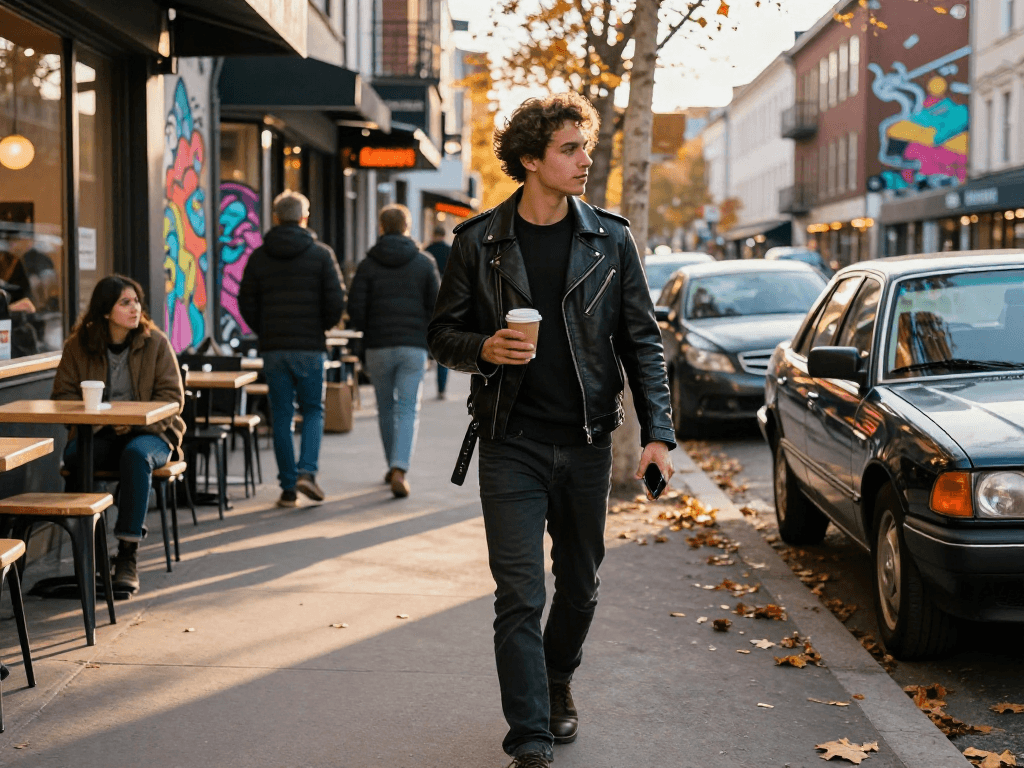 Stylish young man in a men's leather jacket walking in the city, capturing urban fashion.