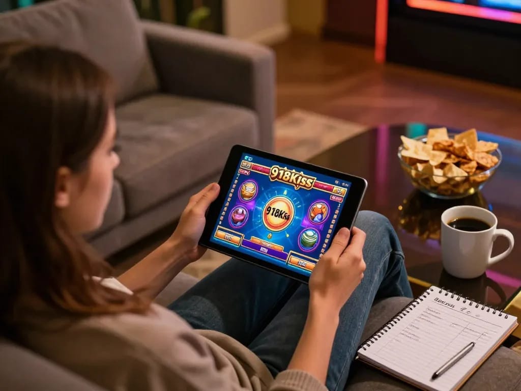 Engaging scene of online gaming at https://kiss918-ori.app, showcasing a player strategizing with a tablet.