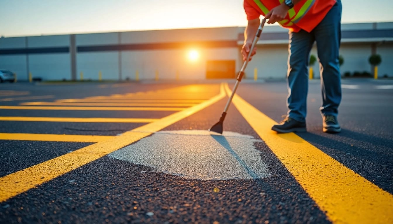 Commercial parking lot striping Jackson MS showcasing vibrant, freshly painted lines at dusk.