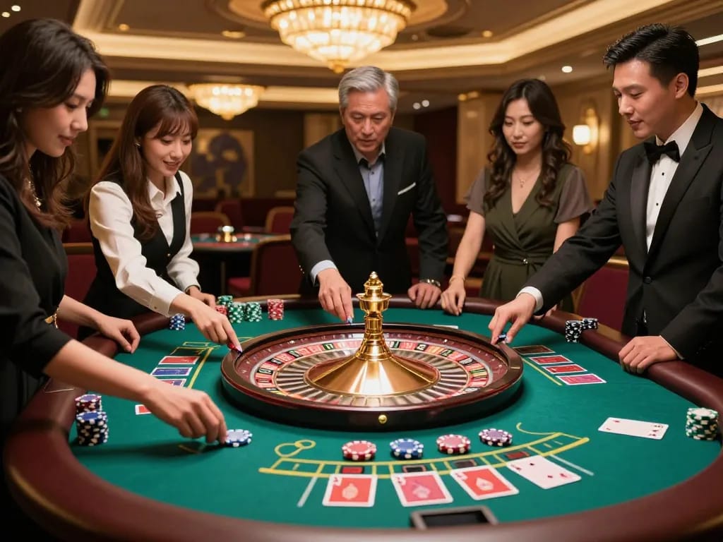 Players engaging in betting action at the TG88 casino roulette table.