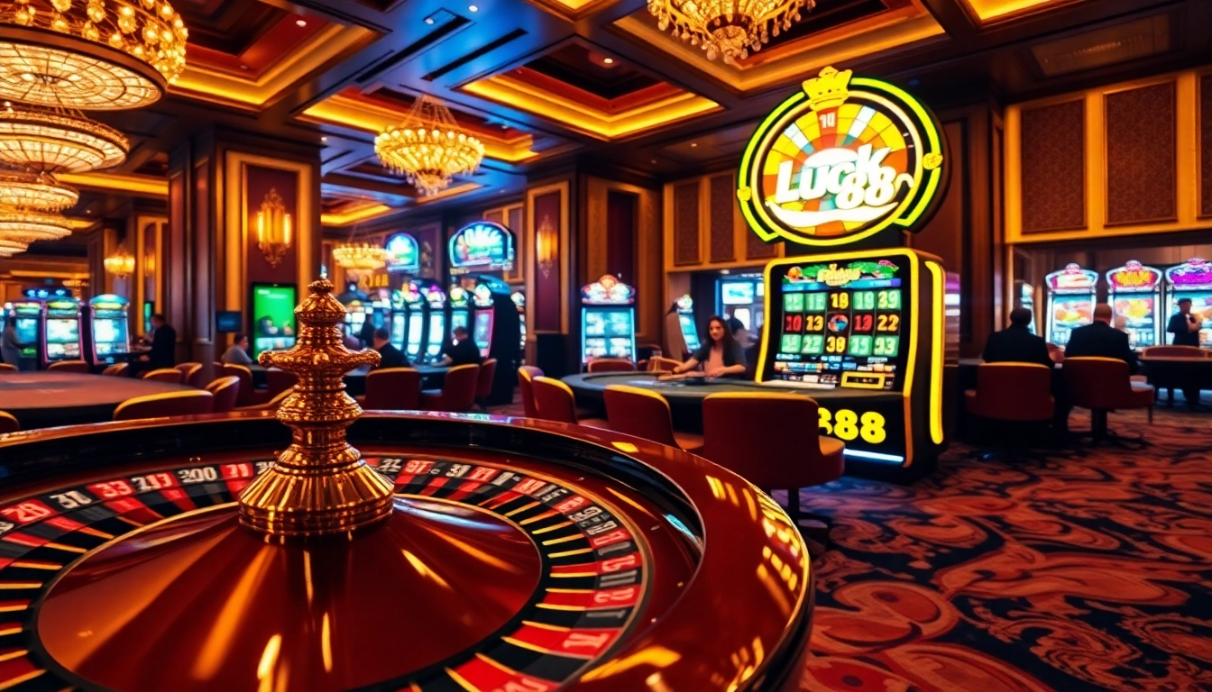 Players enjoying a vibrant casino atmosphere with Luck88 slot machines and blackjack tables.