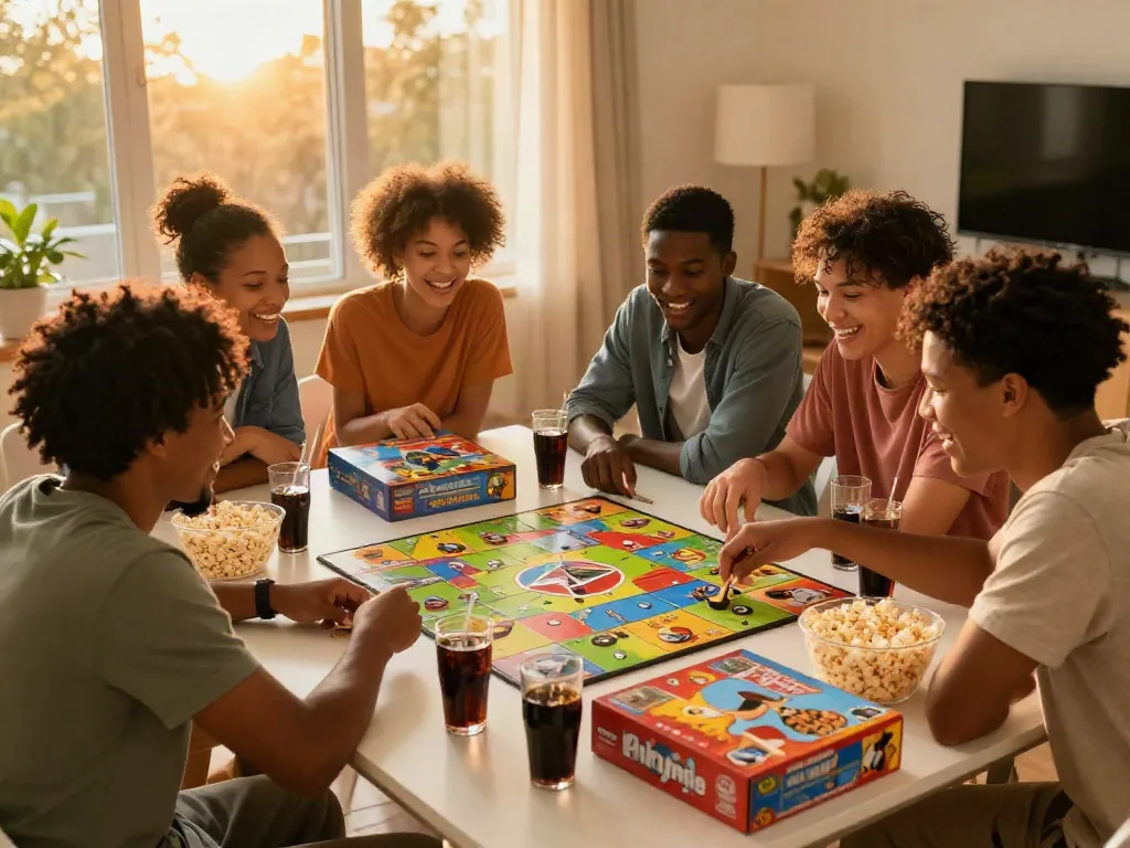 Sildenafil-themed board game night with friends in a cozy environment.