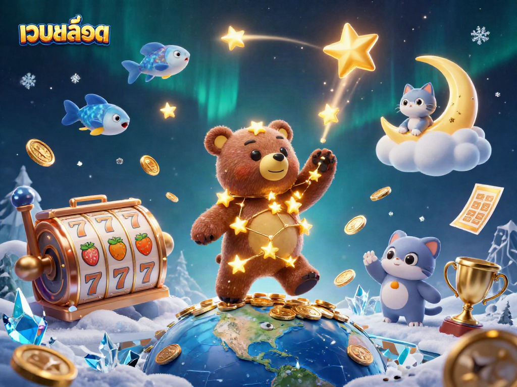 Win big with เว็บสล็อต in this dynamic 3D casino illustration featuring vibrant slot elements and golden prizes.
