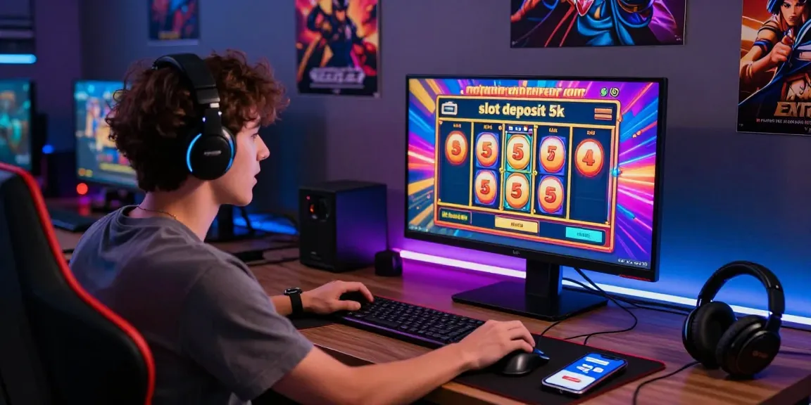 Player enjoying a thrilling online experience of slot deposit 5k at a stylish gaming desk with vibrant visuals and accessories.