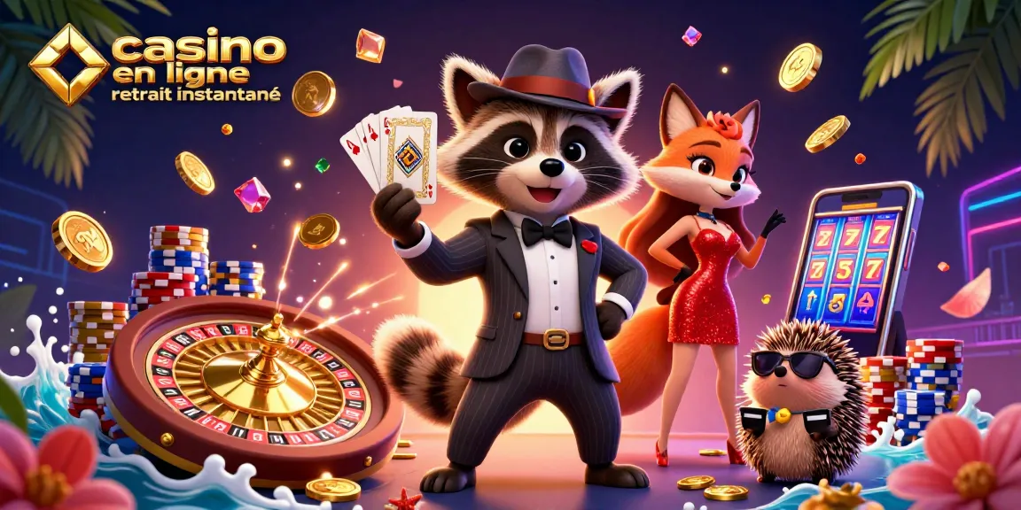 Casino en ligne retrait instantané : illustration 3D colorée d'un raton laveur et ses amis jouant avec des pièces dorées et des cartes