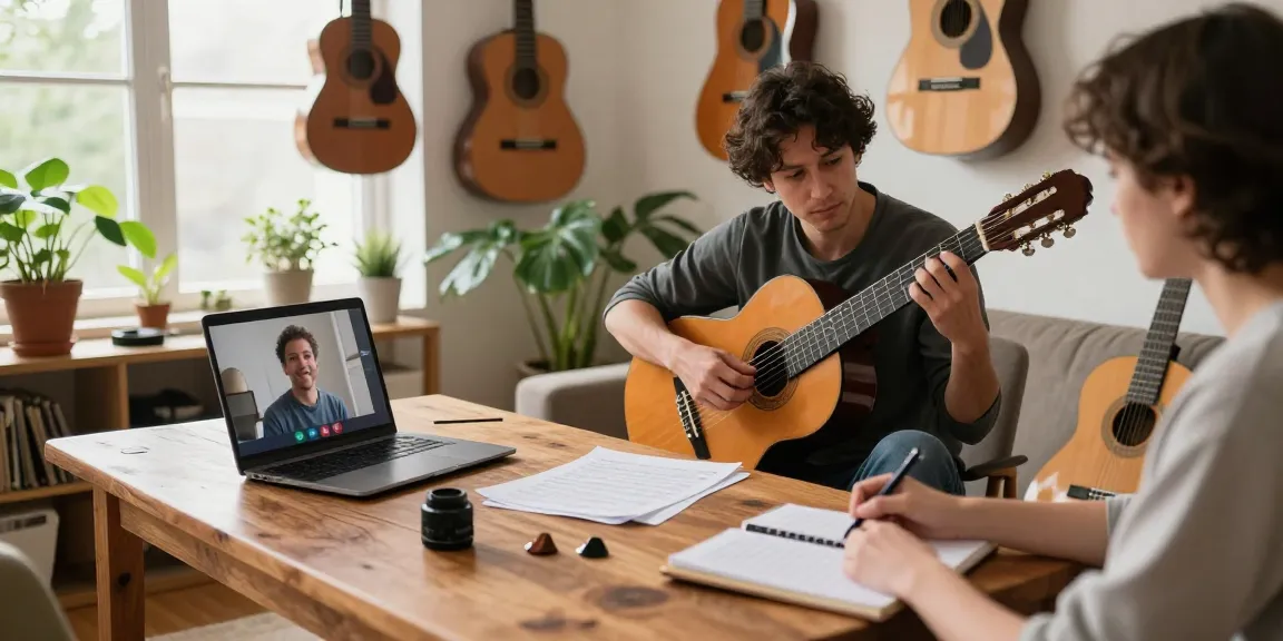 Engaging online classical guitar lessons with a certified instructor in a cozy home studio.