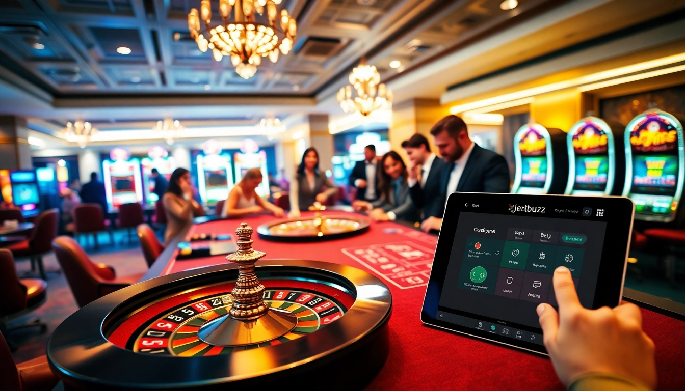Players enjoying a thrilling game at Jeetbuzz casino tables with vibrant atmosphere.