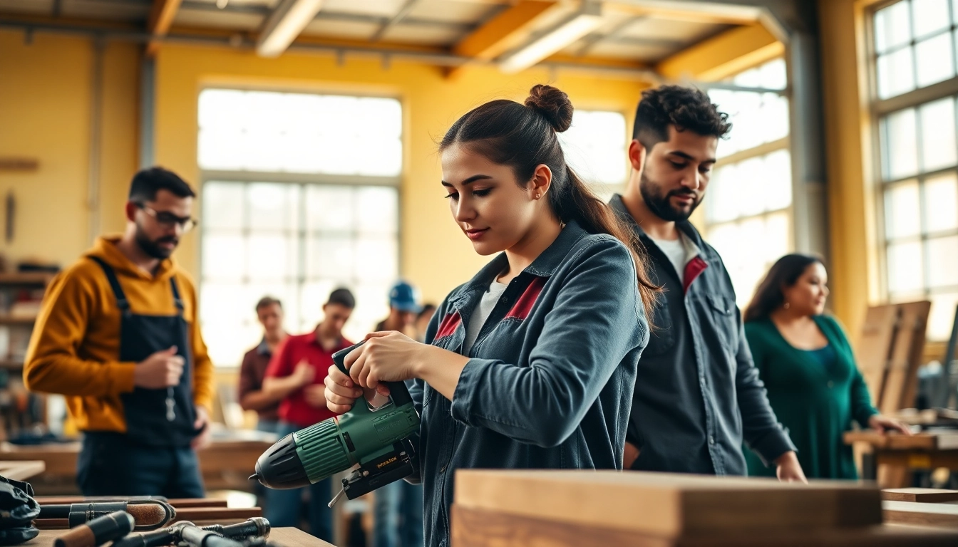 Engaging scene of skilled trades training, with students actively learning in a bright workshop.