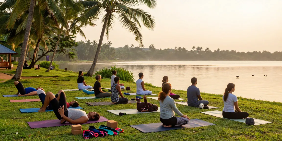Yoga teacher trainings Sri Lanka, instructors practicing on Koggala Lake at sunrise.