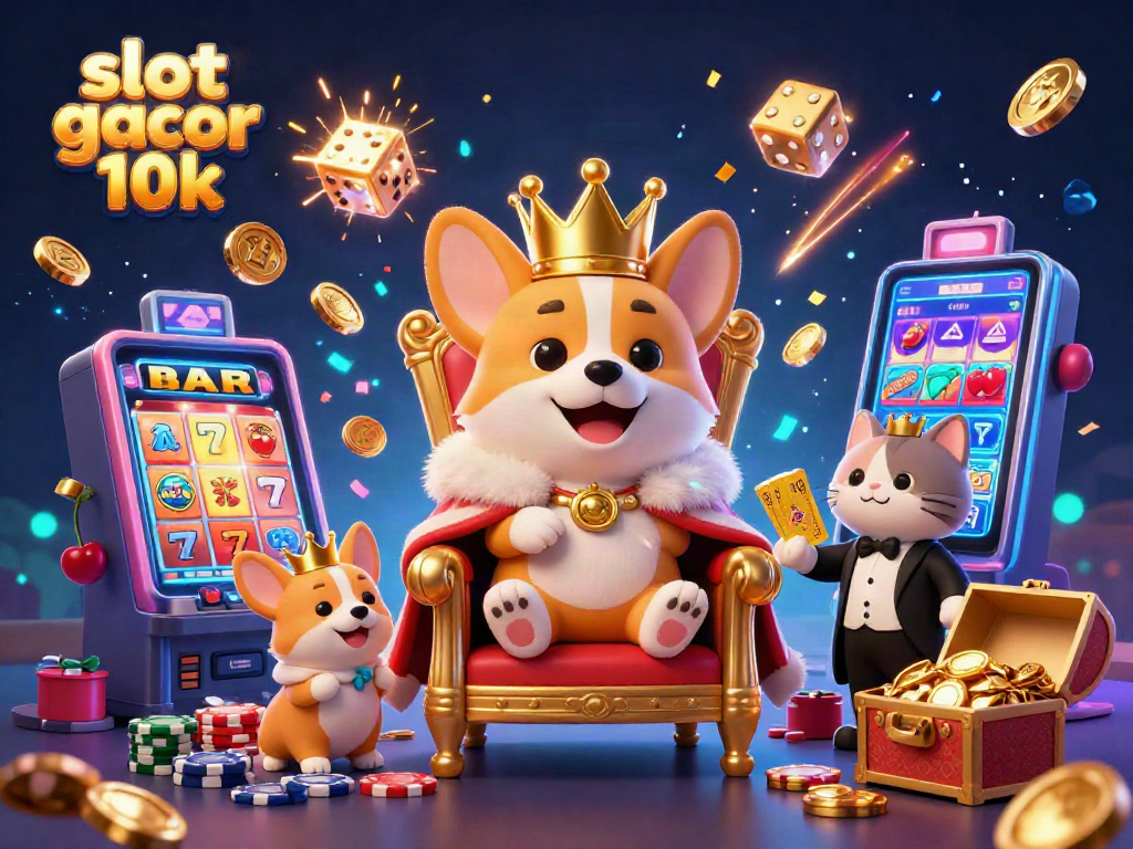 Engage with slot gacor 10k illuminated by jackpot thrill and royal flair with dynamic corgi characters and vibrant casino elements.