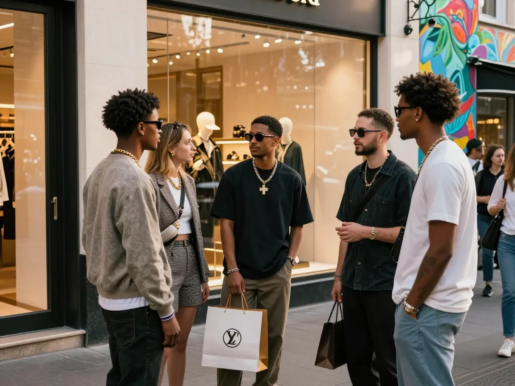Stylish group showcasing urban fashion with 레플리카 at trendy boutique.
