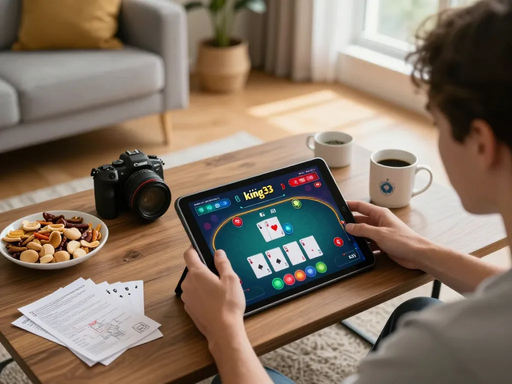 Engaging in a poker game on king33 with strategy notes in a cozy home setting.