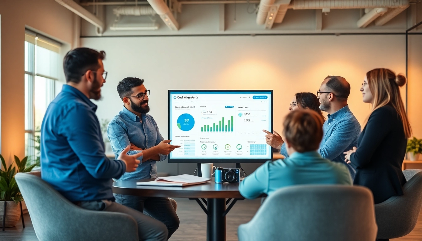 Showcasing cloud migration services specialists collaborating on a digital dashboard.