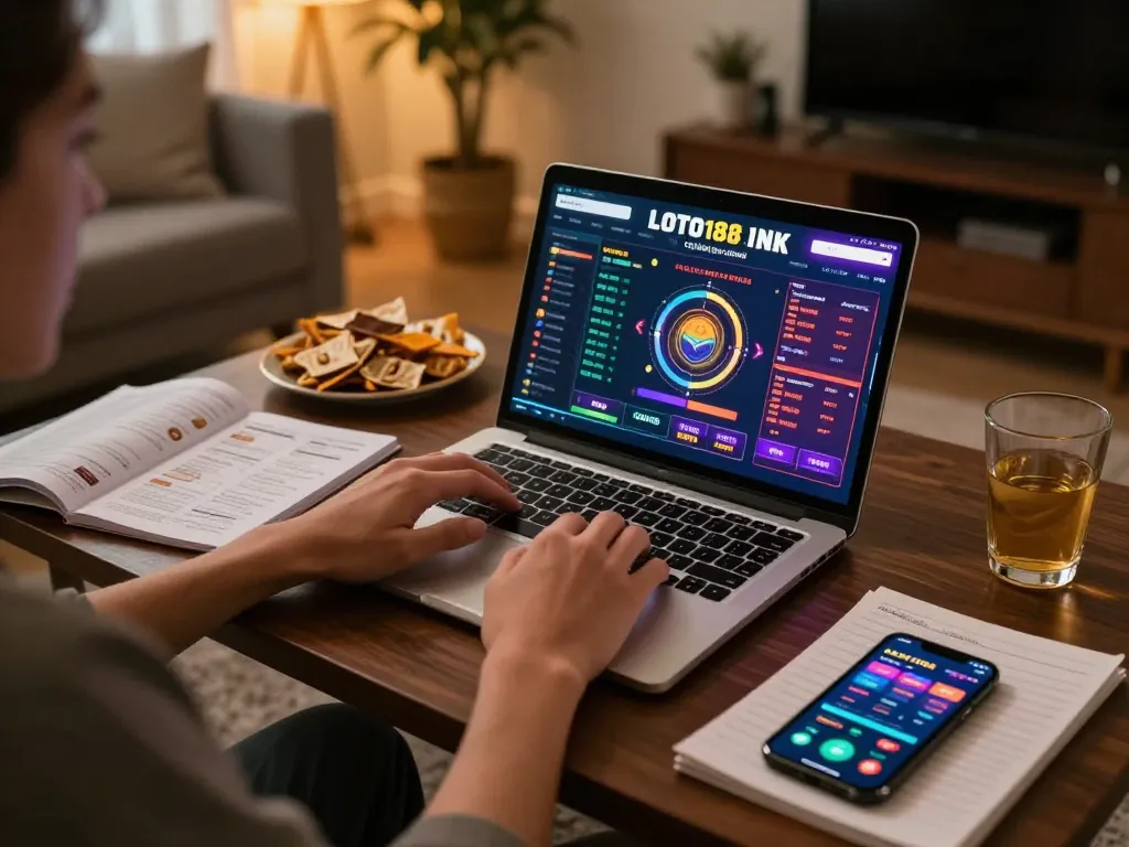 Engaging scene of a player exploring the LOTO188 LINK online gambling platform from home, featuring a laptop, strategy notes, and warm ambiance.