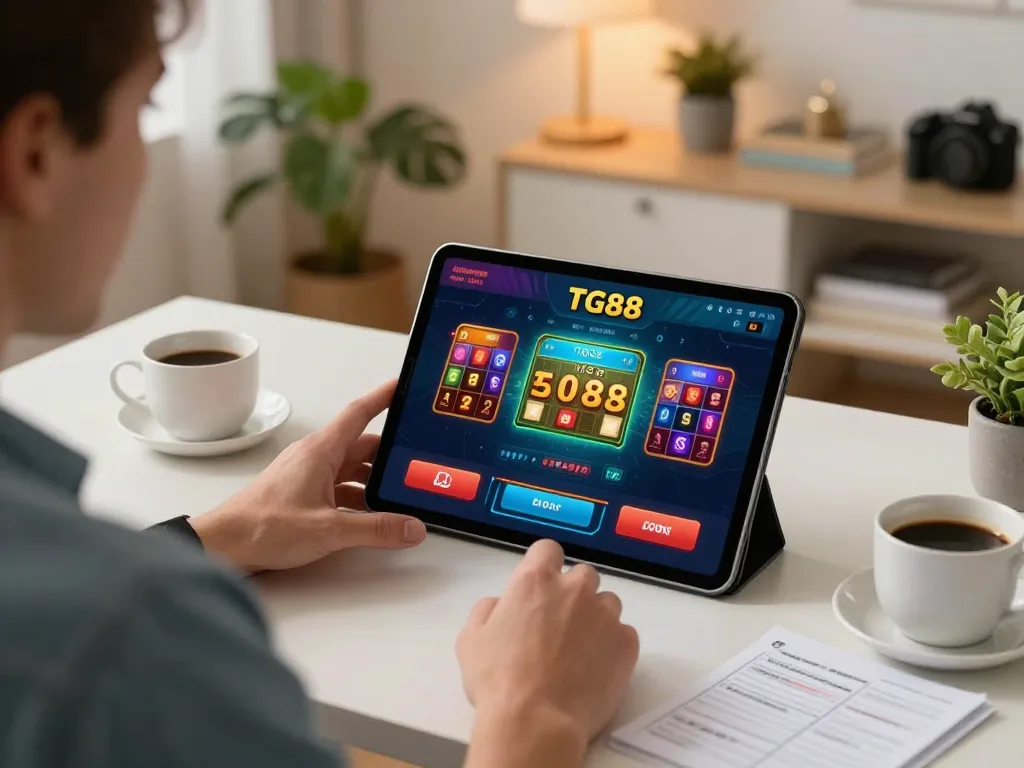 TG88 player immersed in online casino game on tablet, showcasing strategic gameplay in a cozy home office.