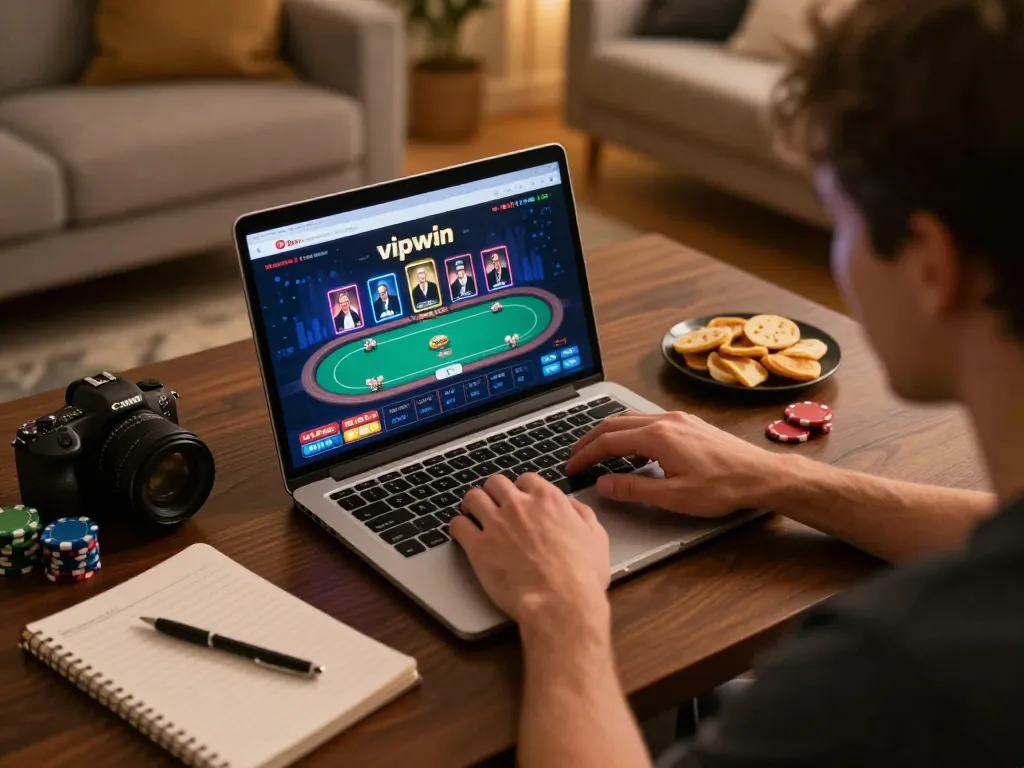 Person engaged in online poker at vipwin, showcasing strategic gameplay and interactive gaming atmosphere.