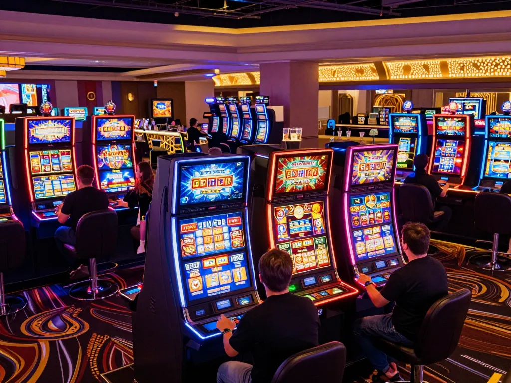 Pemain yang bersemangat di lantai kasino wma-minelife berinteraksi dengan mesin slot yang cerah di bawah lampu warna-warni