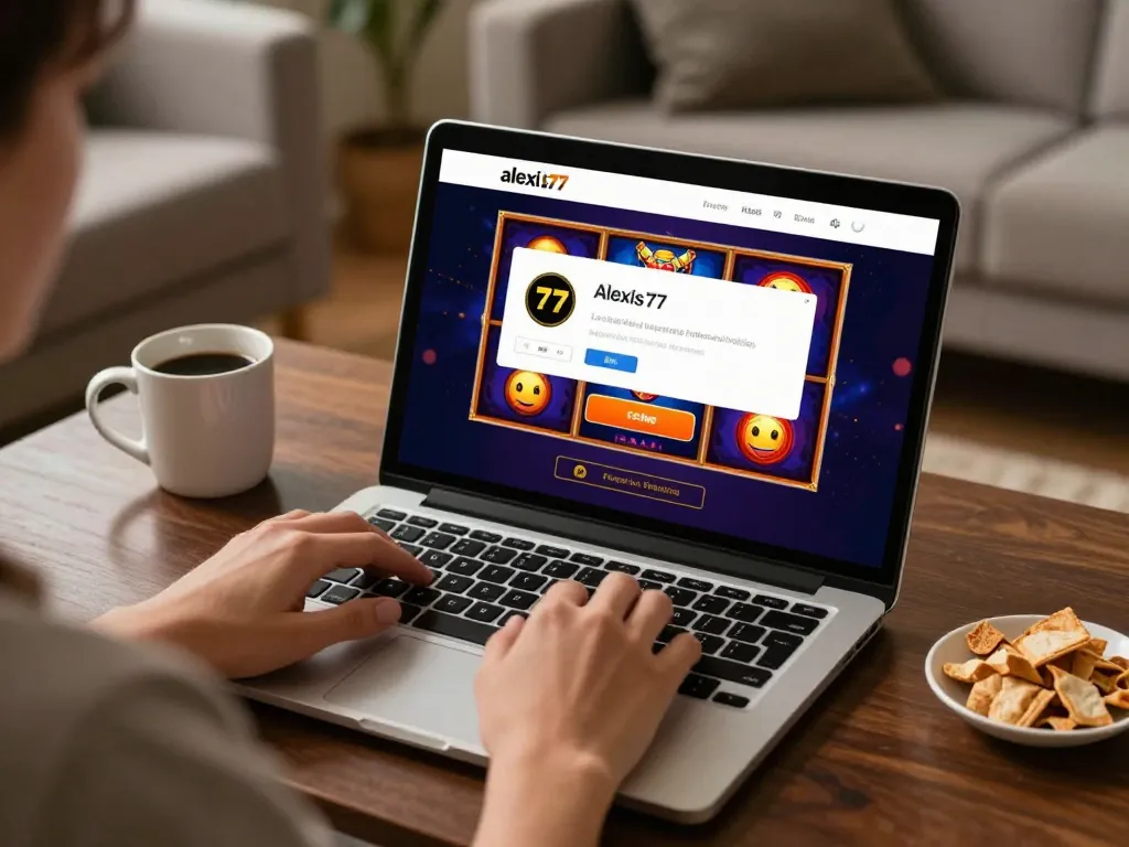 Player accessing the alexis77 login page in a cozy home setting for online gambling.