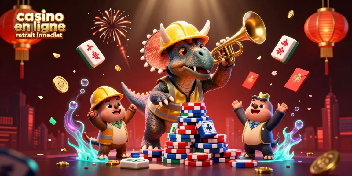 Illustration dynamique de jeu présentant un triceratops et un parasaurolophus célébrant des gains sur un casino en ligne retrait immédiat.