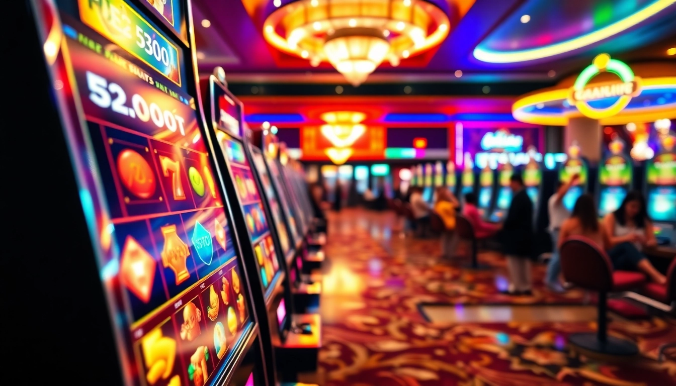 Memenangkan slot jackpot di mesin permainan kasino yang berwarna-warni dan ramai.