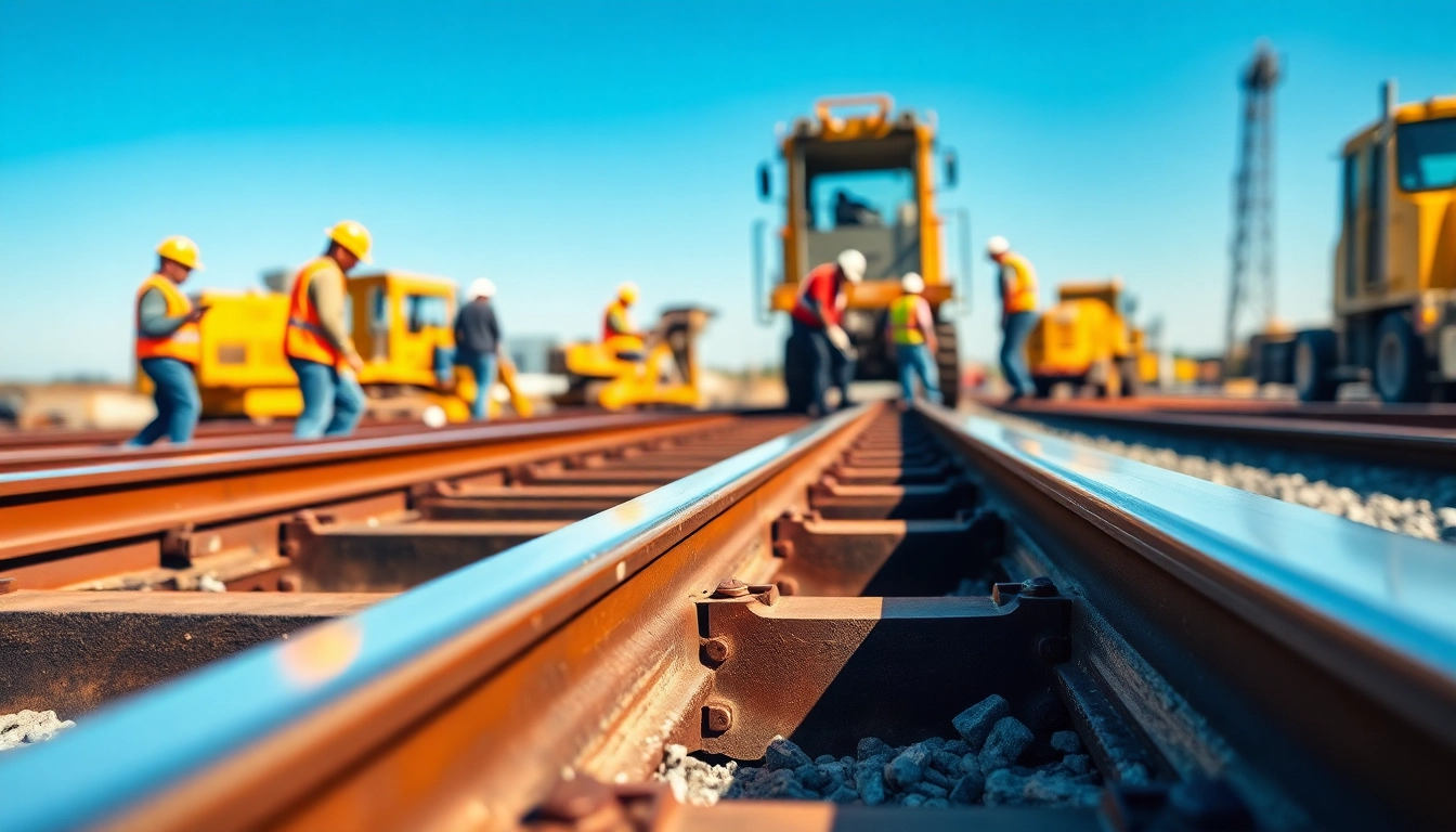 Railroad construction with workers laying tracks, showcasing teamwork and heavy machinery.