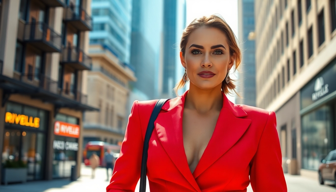 Showcasing a stylish Rivelle outfit worn by a confident woman in an urban setting, emphasizing elegance and fashion.