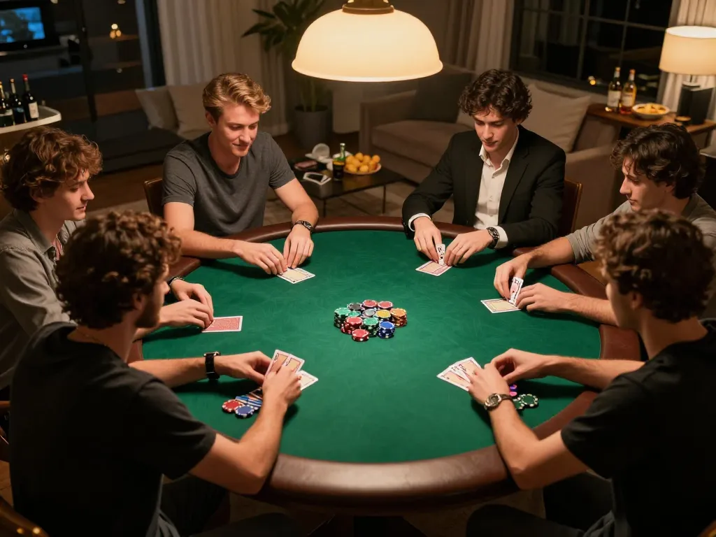 Engaging poker night scene showcasing players with cards at a home table highlighting giường bệnh nhân lifestyle vibes.