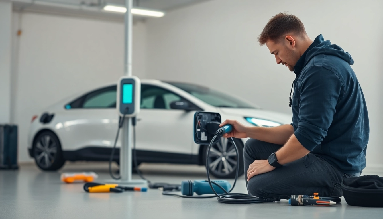 Installing EV Charging Installation in a home garage with professional tools and a modern vehicle.