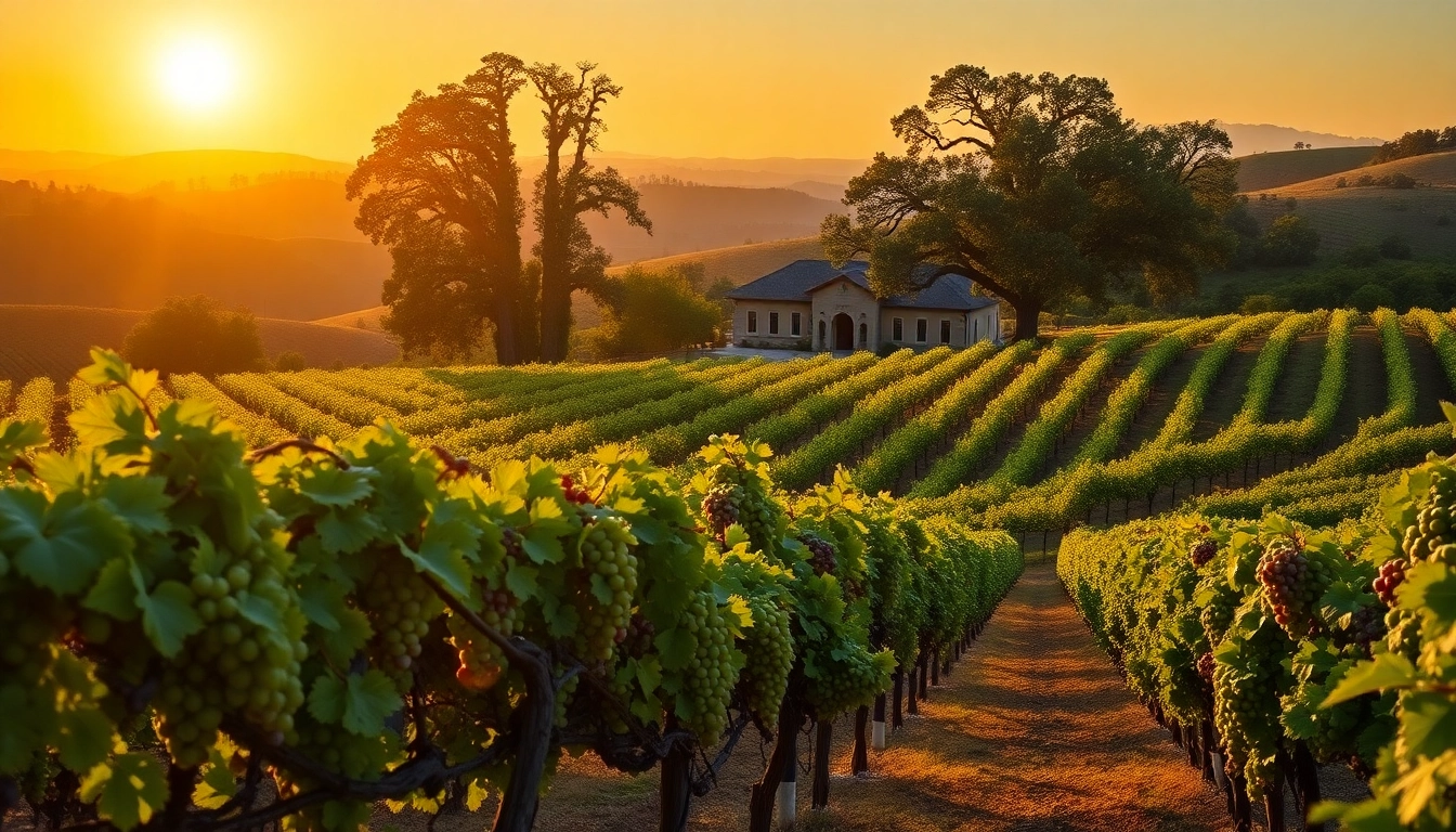 Stunning view of the northern california wine country depicting vineyards and rolling hills under a golden sunset.