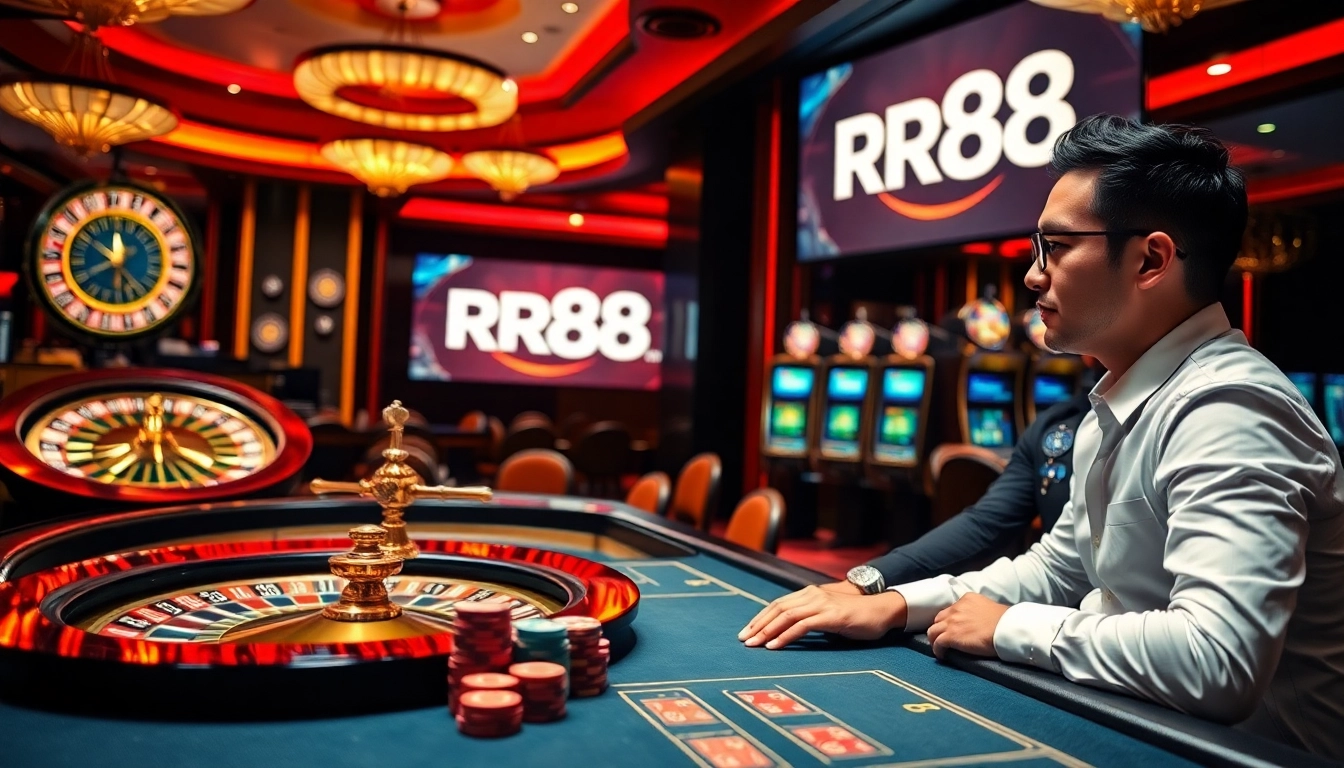 RR88 player engaging in a thrilling casino experience with vibrant games and professional interaction.