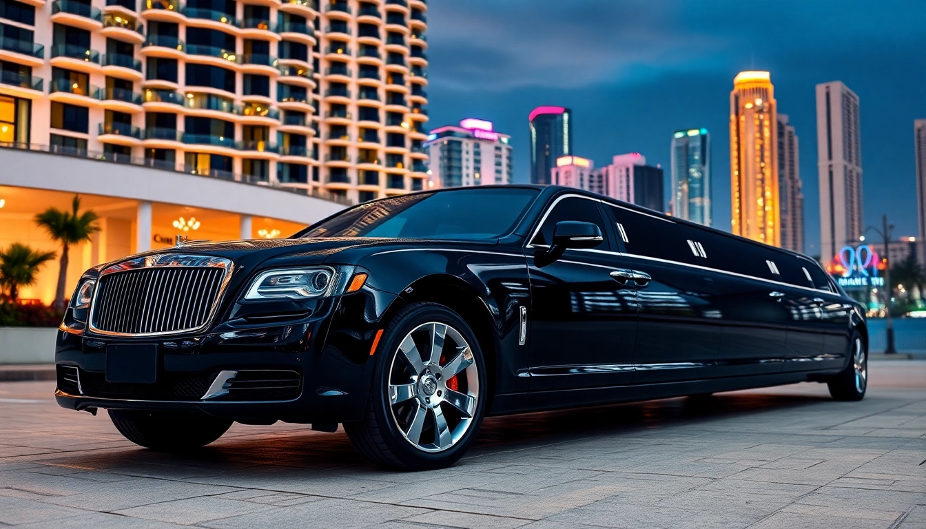 Limo service in Miami with a sleek black limousine parked outside a luxury hotel, showcasing the city's vibrant ambiance.
