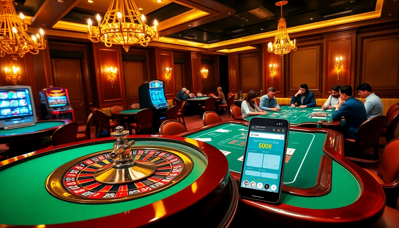 Experience the thrill of gambling at the Website Kết Quả Bóng Đá with immersive visuals of casino tables and live sports betting.