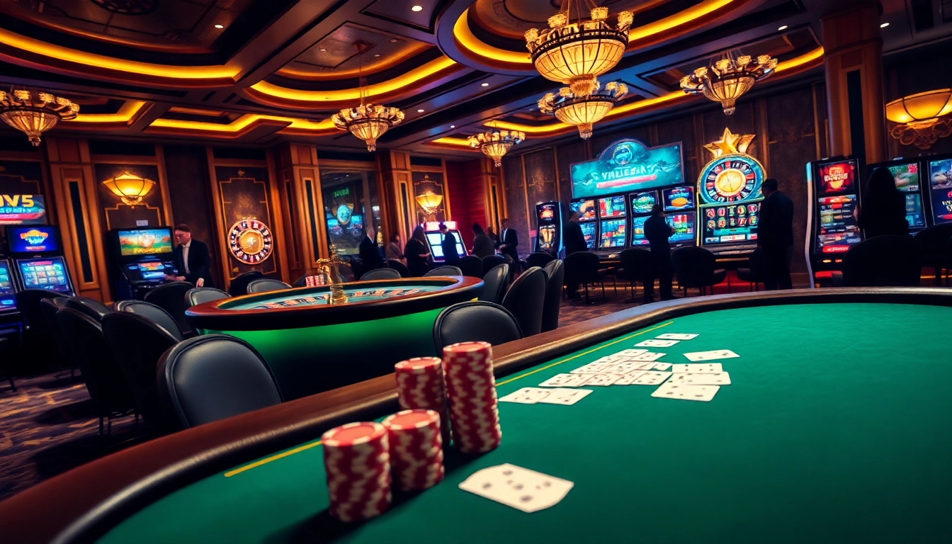 Players enjoying 68 game bài at a luxurious casino table with vibrant decor.