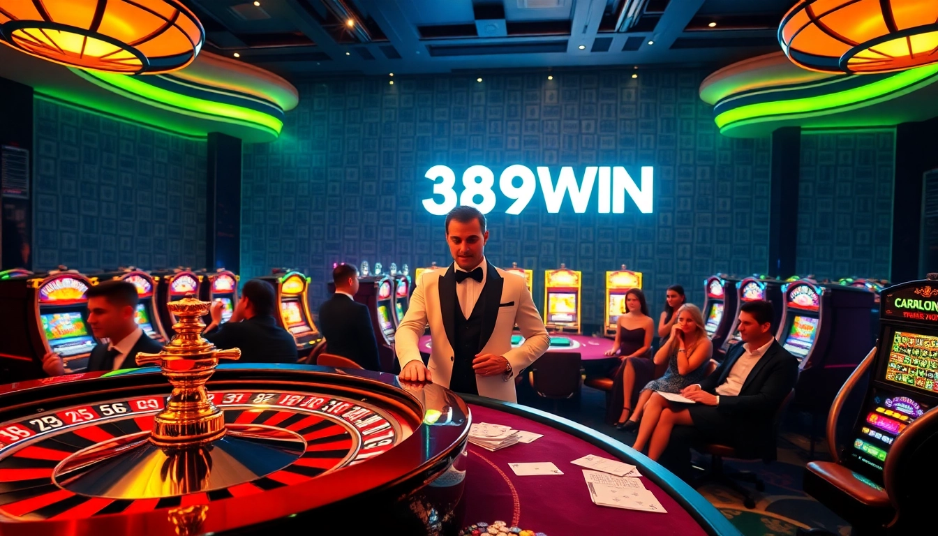 Players enjoying a thrilling casino experience at 389WIN, featuring poker chips, cards, and a roulette wheel.