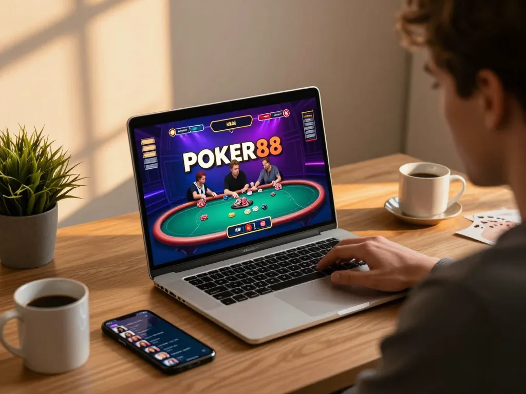 Player enjoying POKER88 online poker, fully engaged at home with cozy setup and laptop.