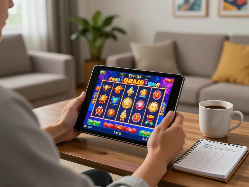 Playing slot gratis online in a cozy home setting, showcasing engaging gameplay on tablet
