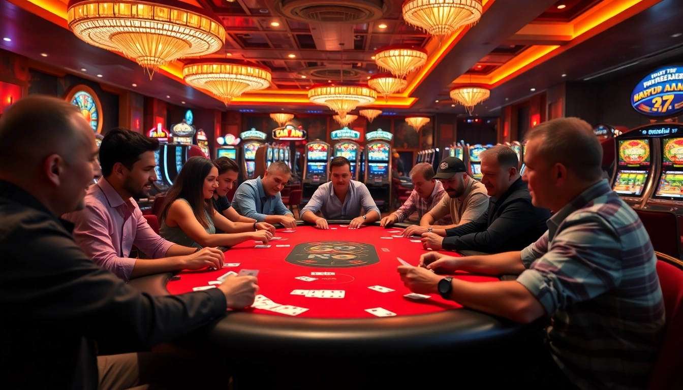 Permainan situs slot gacor yang menarik di meja poker dengan pemain fokus dan suasana kasino meriah.
