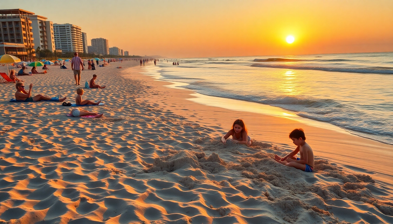 Experience leisure at https://myrtlebeachsc.com/ with families enjoying a sunset beach scene.