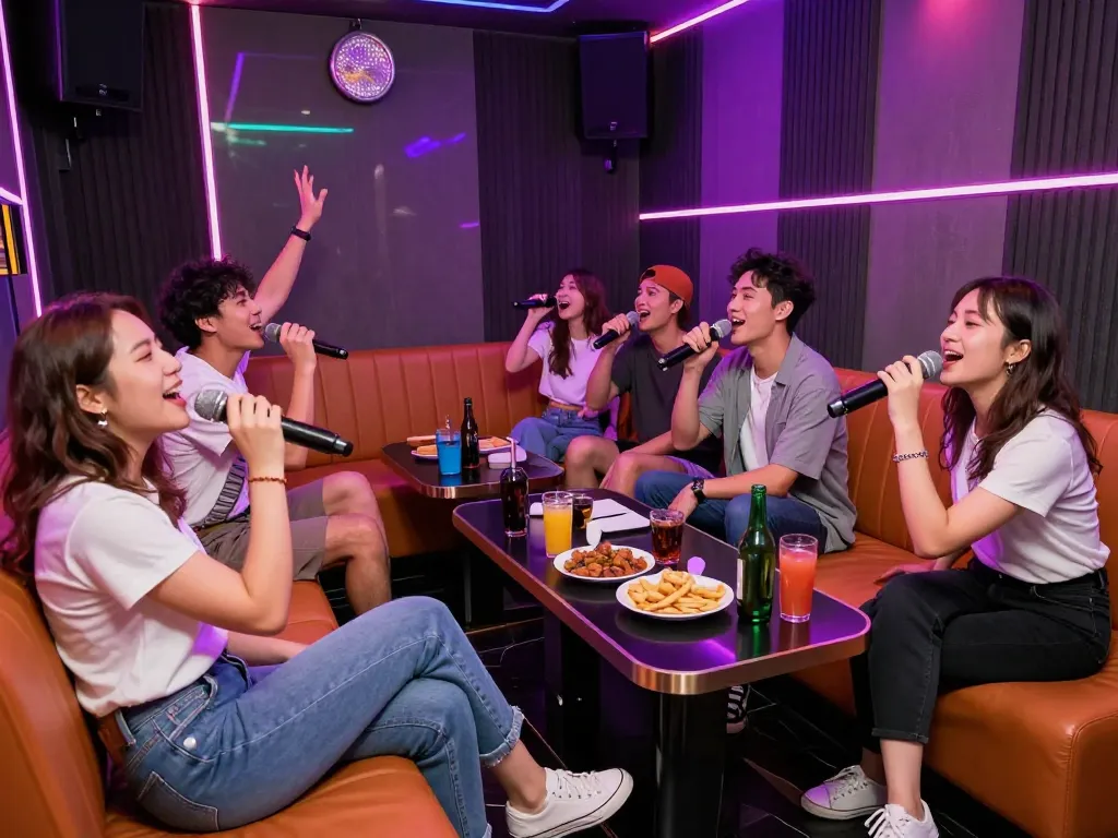 활기찬 분위기 속에서 친구들과 함께 부평쓰리노 노래방에서 신나는 밤을 즐기고 있습니다.