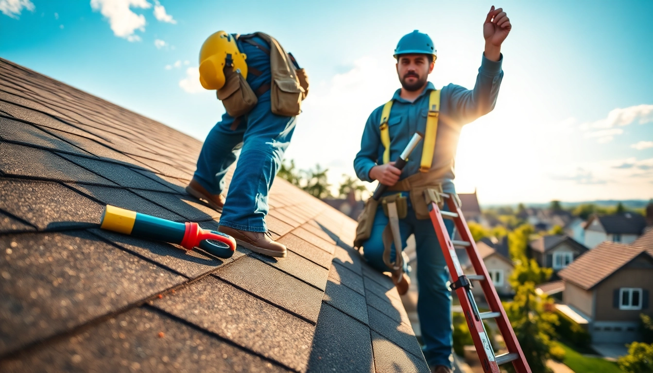 Expert conducting roof repair with tools visible, focused on quality assessment of a residential roof.