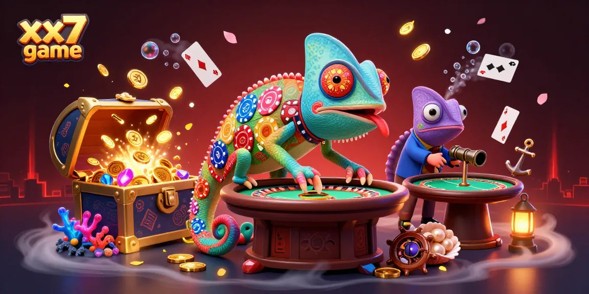 Experience exciting gameplay in the xx7 game with vibrant casino elements and 3D chameleon character.