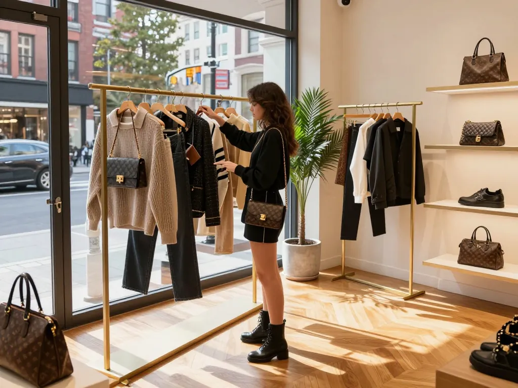 Elegant model exploring 레플리카 fashion items in chic urban boutique showcasing stylish outfits and accessories.