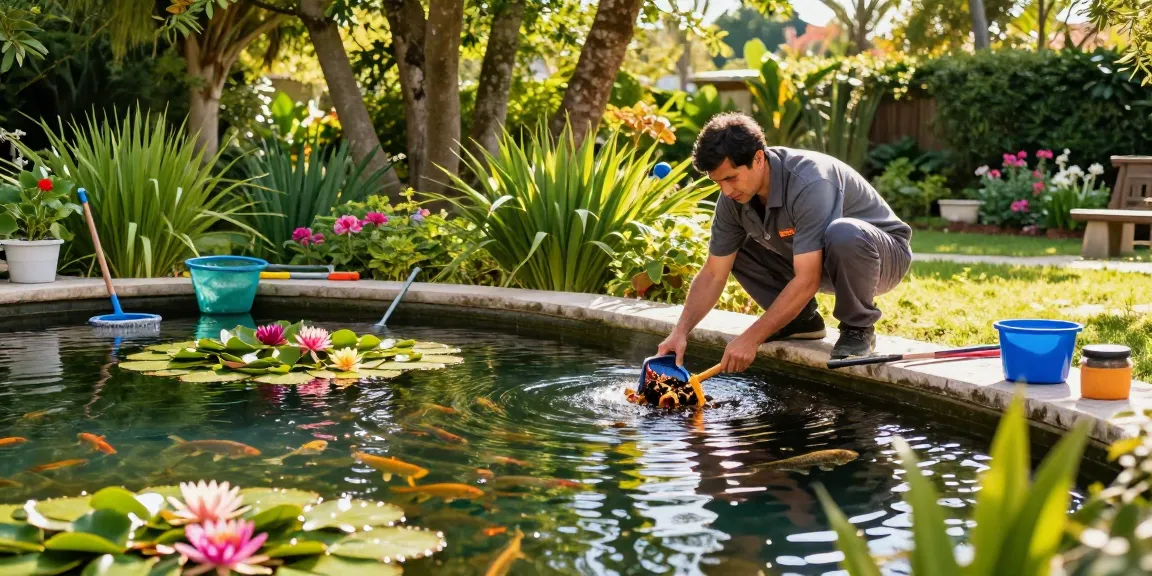 Pond Clean Surrey service showcasing a technician cleaning a vibrant backyard pond surrounded by greenery.