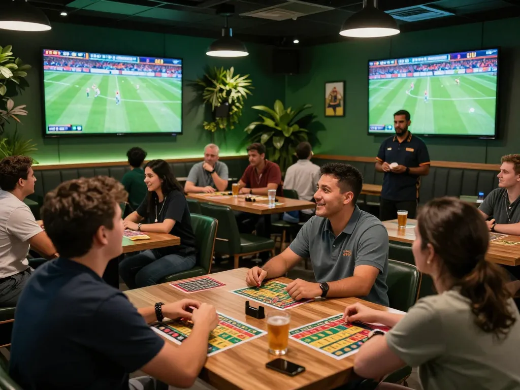 Soi Kèo enthusiasts placing bets in a lively sports betting lounge while enjoying live football.