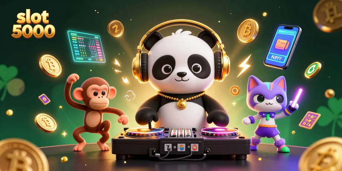Spin on slot 5000 with a panda DJ, a breakdancing monkey, and a glowing kitten in a vibrant scene.