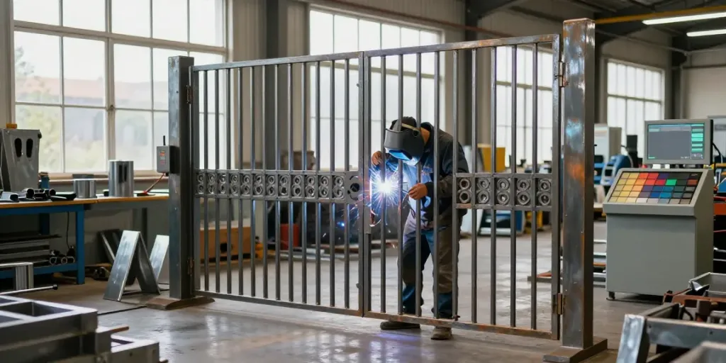 Metal fabricator welding a steel gate in a professional workshop, showcasing craftsmanship and tools.