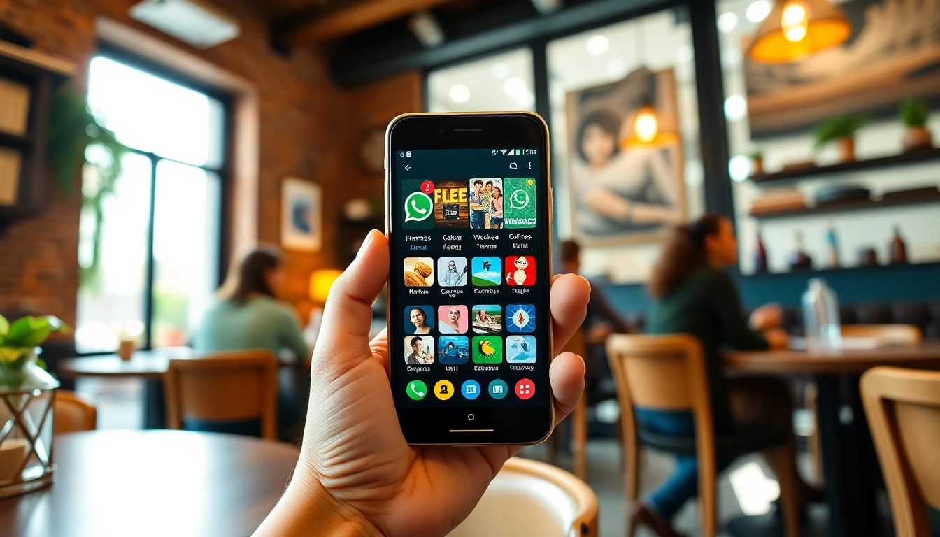 Explore GB WhatsApp features on a smartphone in a cozy cafe setting.