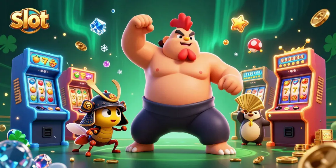 Engaging slot scene with a sumo wrestler rooster, samurai cricket, and tanuki announcer in a lively casino setting.