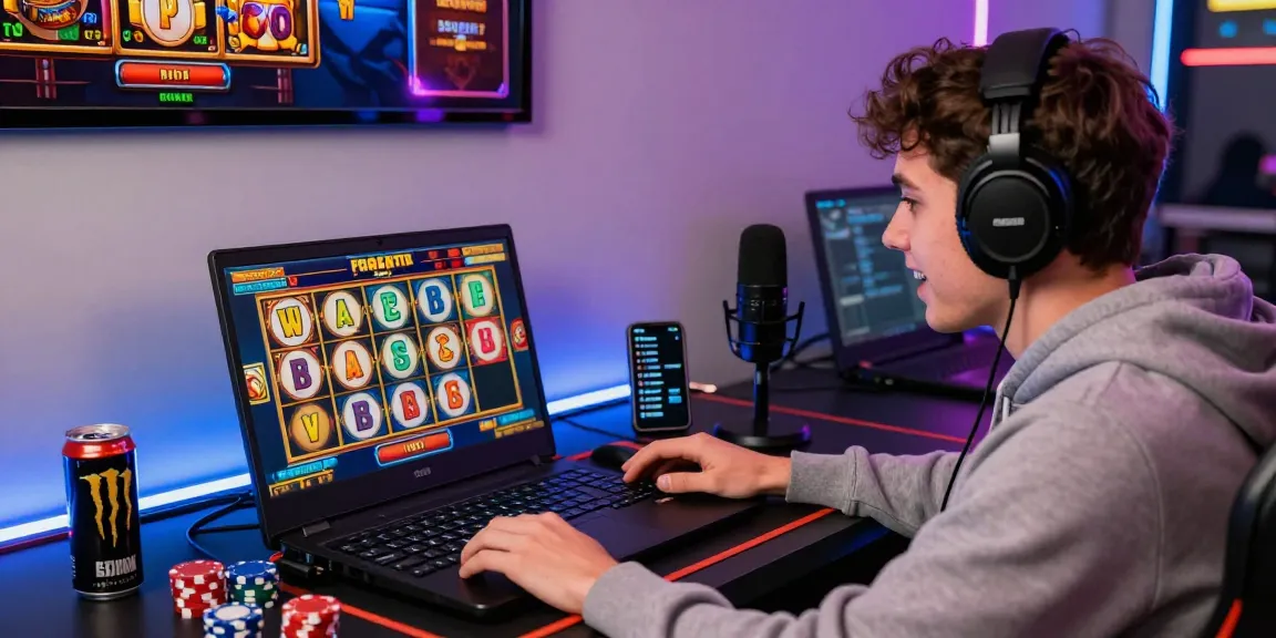 Player enjoying a thrilling pragmatic slot game on a gaming laptop, surrounded by poker chips and vibrant gaming decor.